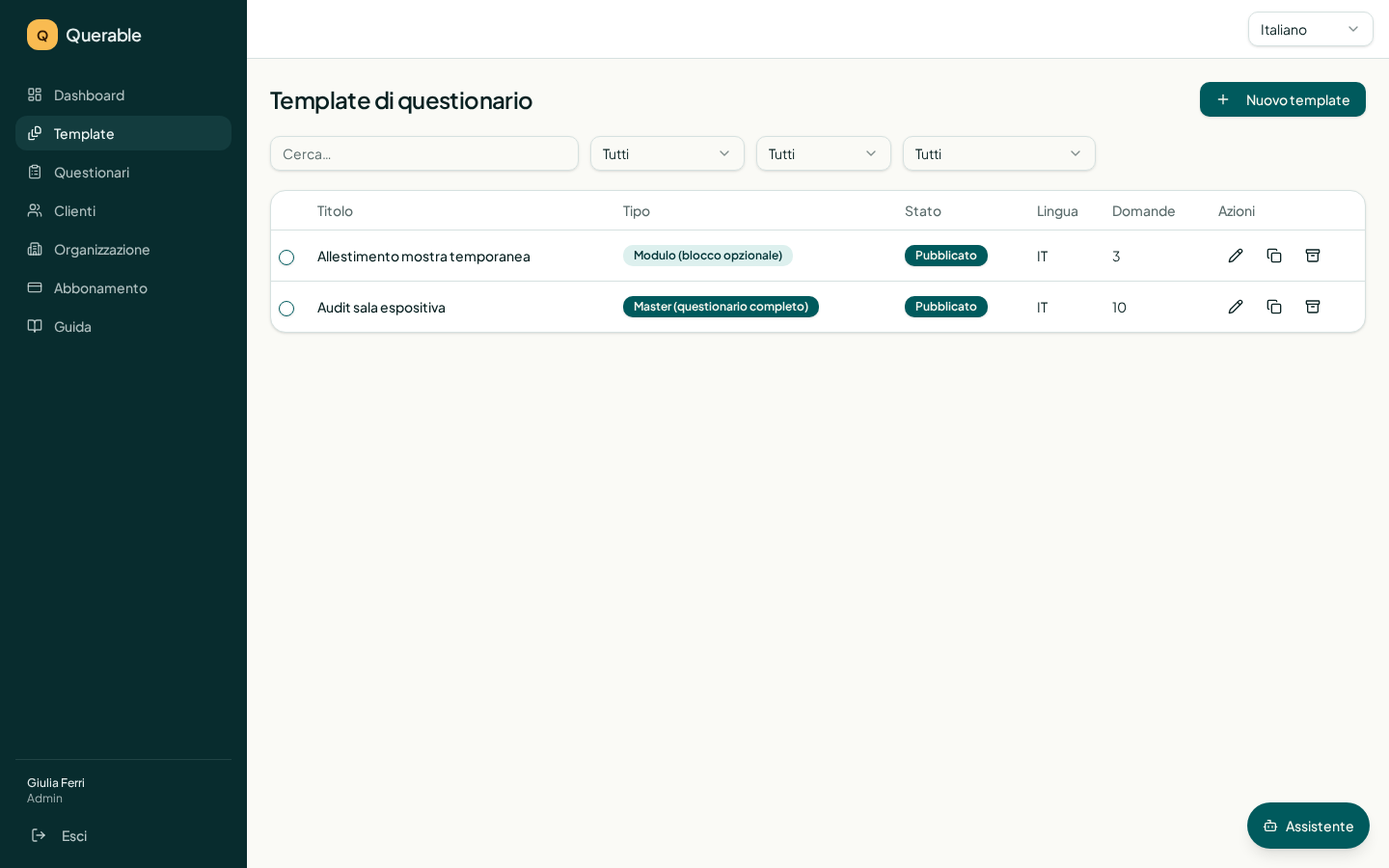 Elenco template con badge Master e Modulo